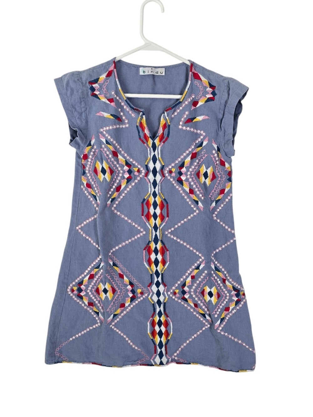 Bindu Geometric Tribal Embroidered Cotton/Linen Blend Shift Dress S Boho V Neck